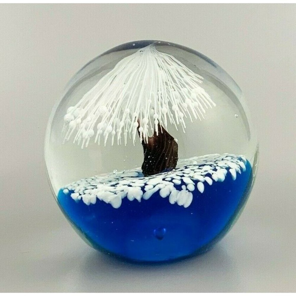 Cherry Blossom Tree Blue Art Glass Paperweight